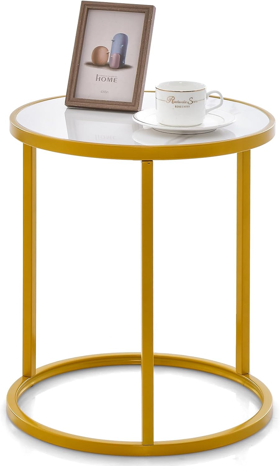 Giantex Faux Marble Side Table, Round End Table with Golden Metal Frame and White Marble Top