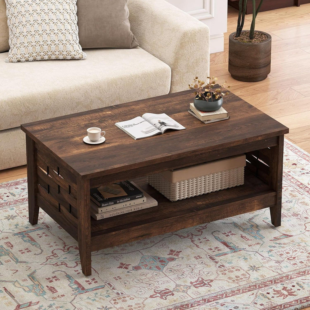 Giantex 2-Tier Farmhouse Coffee Table with Open Shelf and Woven Decorations for Living Room