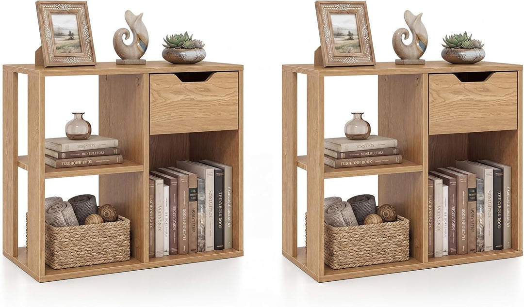 Giantex 3 Cube Bookcase with Drawer, 2 Tier Bookshelf for Small Space, Modern Freestandin