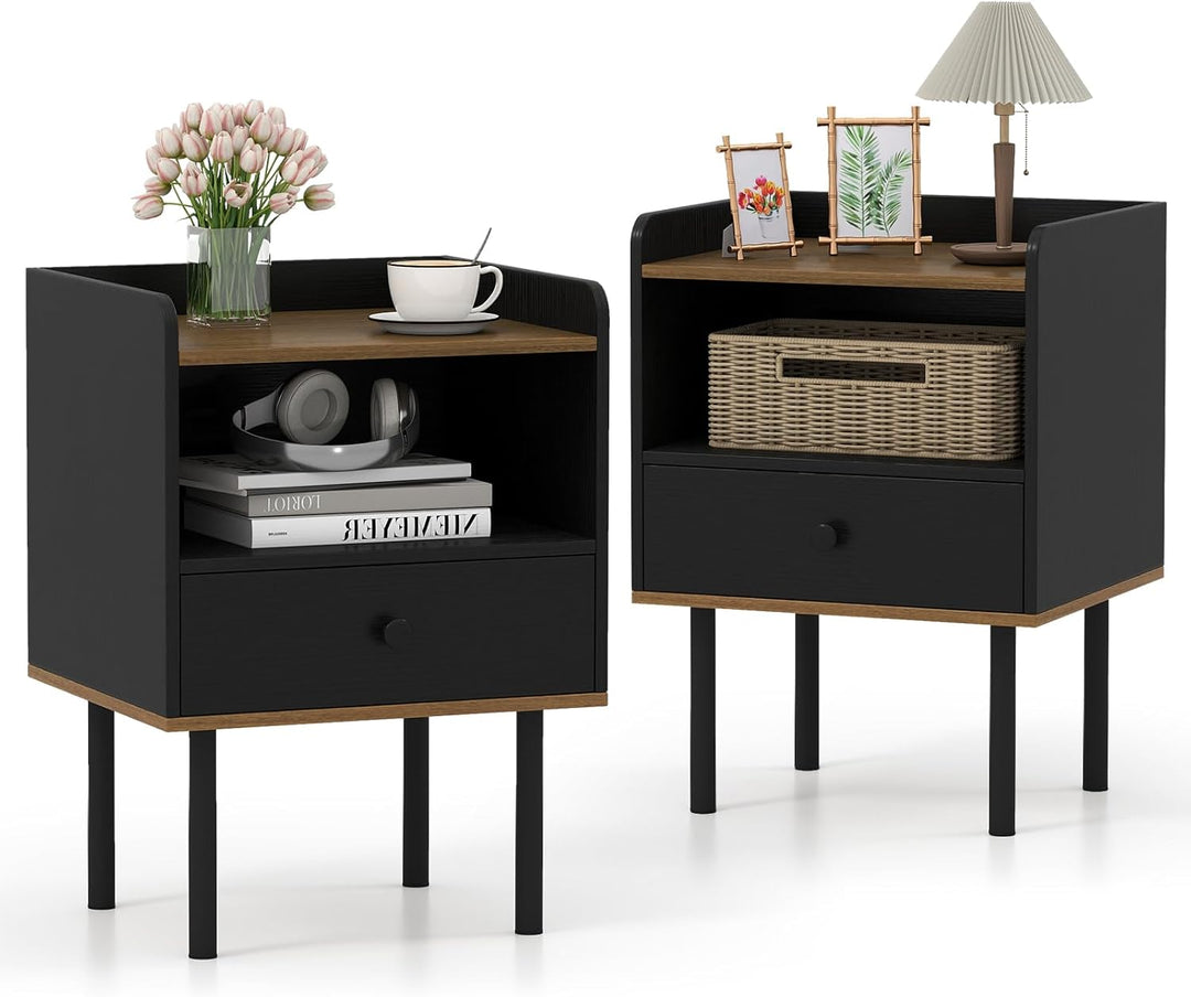 Giantex Wood Night Stand with Drawer - Mid Century Modern Bedside Table