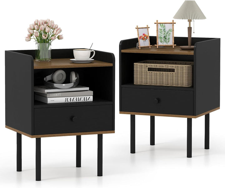 Giantex Wood Night Stand with Drawer - Mid Century Modern Bedside Table
