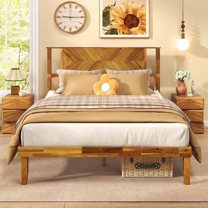 Giantex Acacia Wood Platform Bed Frame Mid-Century Modern Bed Frame with Headboard
