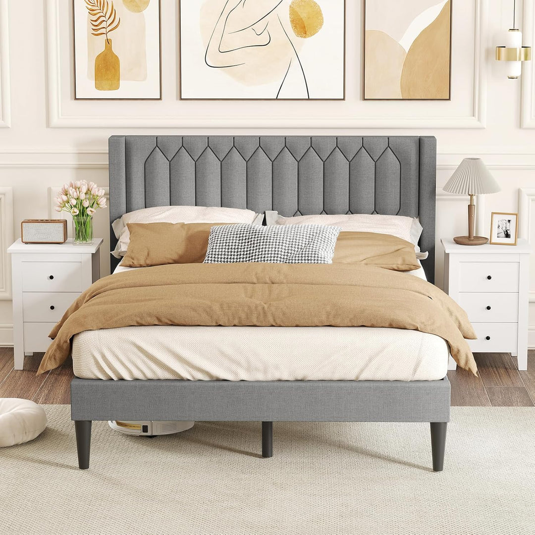 Giantex Queen Size Dutch Velvet/Linen Fabric Upholstered Platform Bed with Wingback Headboard and Wooden Slat Support