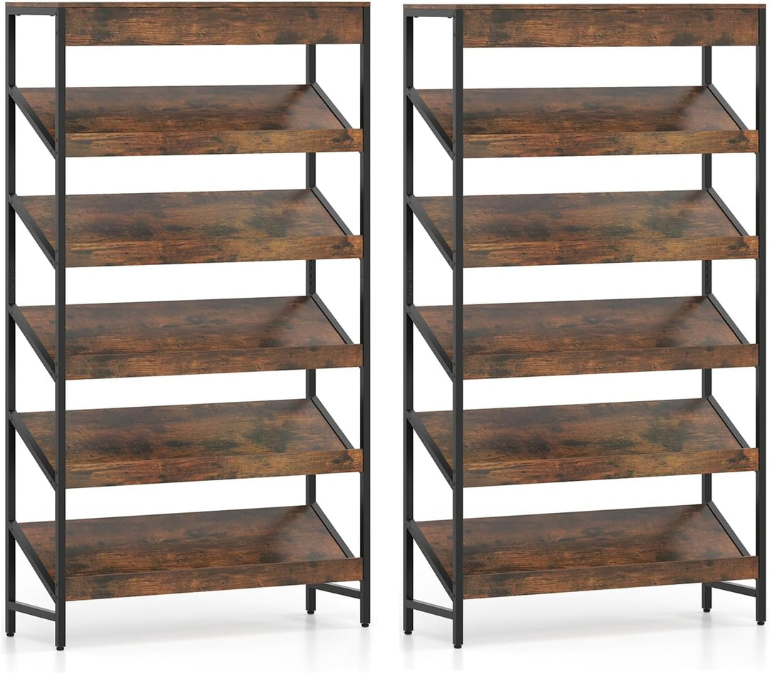 Giantex 6-Tier Industrial Tall Bookcase with Angled Shelves and Metal Frame