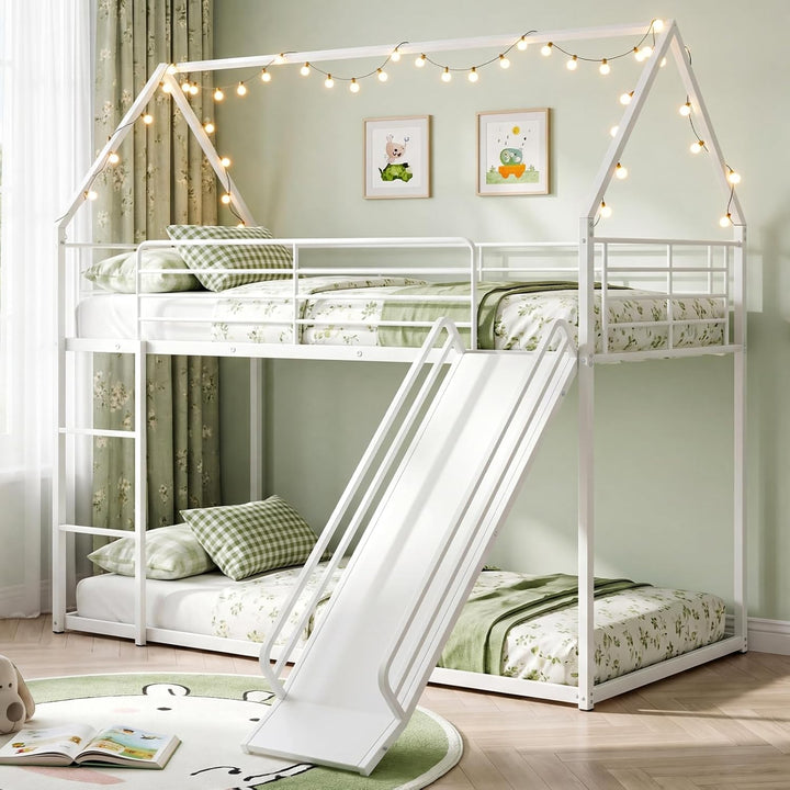 Giantex Twin Over Twin Bunk Bed with Slide &amp; Ladder House-Shaped Metal Bunk Bed Frame with Safety Guardrail &amp; Roof