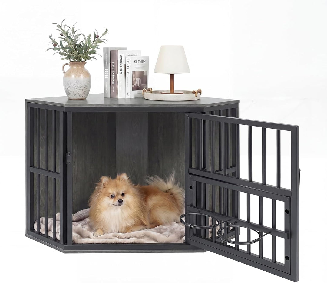 Giantex Corner Dog Crate Furniture with Adjustable &amp; Reversible Elevated Feeder