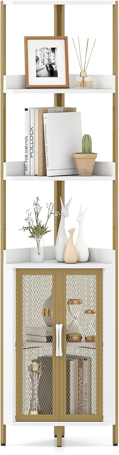 Giantex 6-Tier Corner Shelf 67 Inches Tall Corner Bookshelf with Cabinet Industrial Bookcase