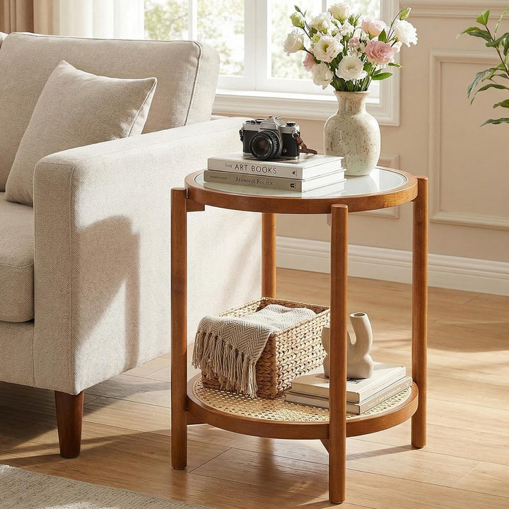 Giantex 2-Tier Boho Rattan Round Side Table w/Tempered Glass Top (1/2)