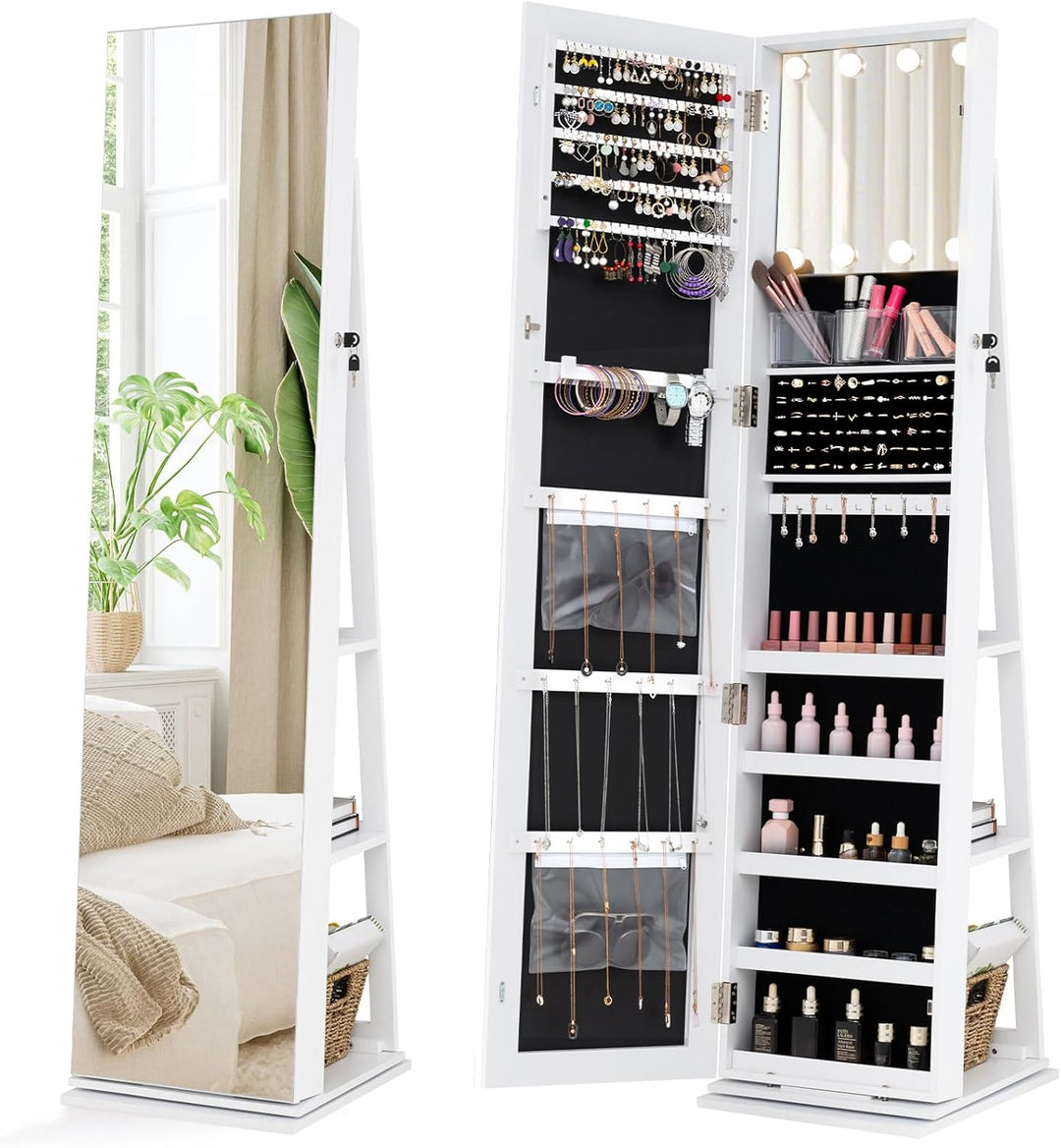 CHARMAID Swivel Jewelry Armoire with Full-Length Mirror & Lighted Makeup Mirror