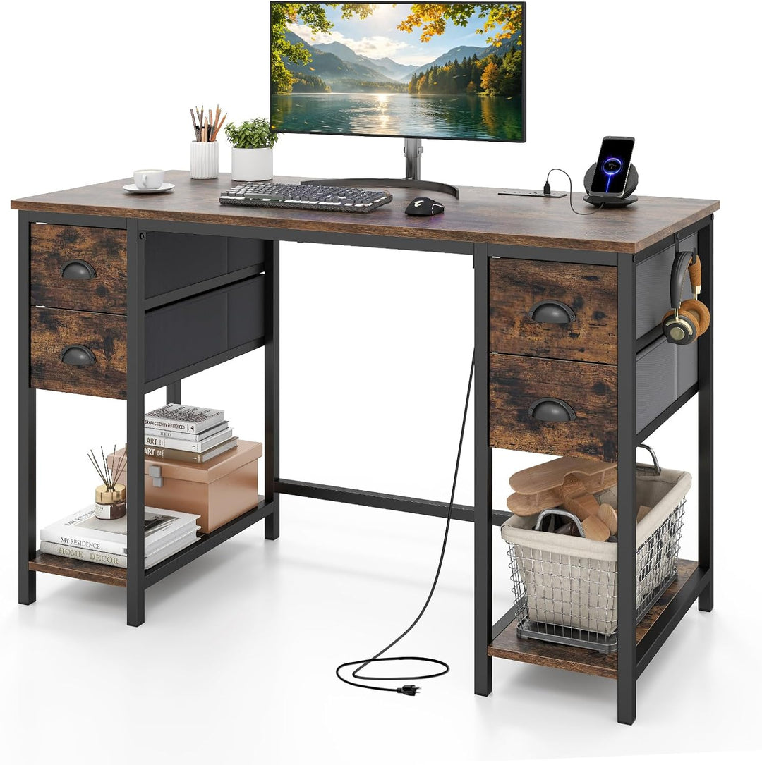 Giantex 48" Computer Desk with Power Outlet &amp; 4 Fabric Drawers
