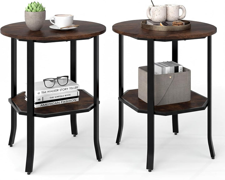Giantex 2-Tier Round Small Sofa Couch End Table with Storage Shelf &amp; Steel Frame