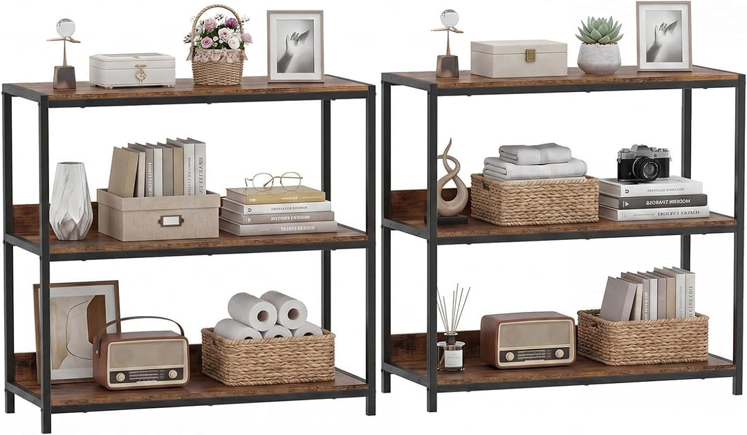 Giantex Industrial 3-Tier Small Bookshelf with Wooden Shelves and Metal Frame