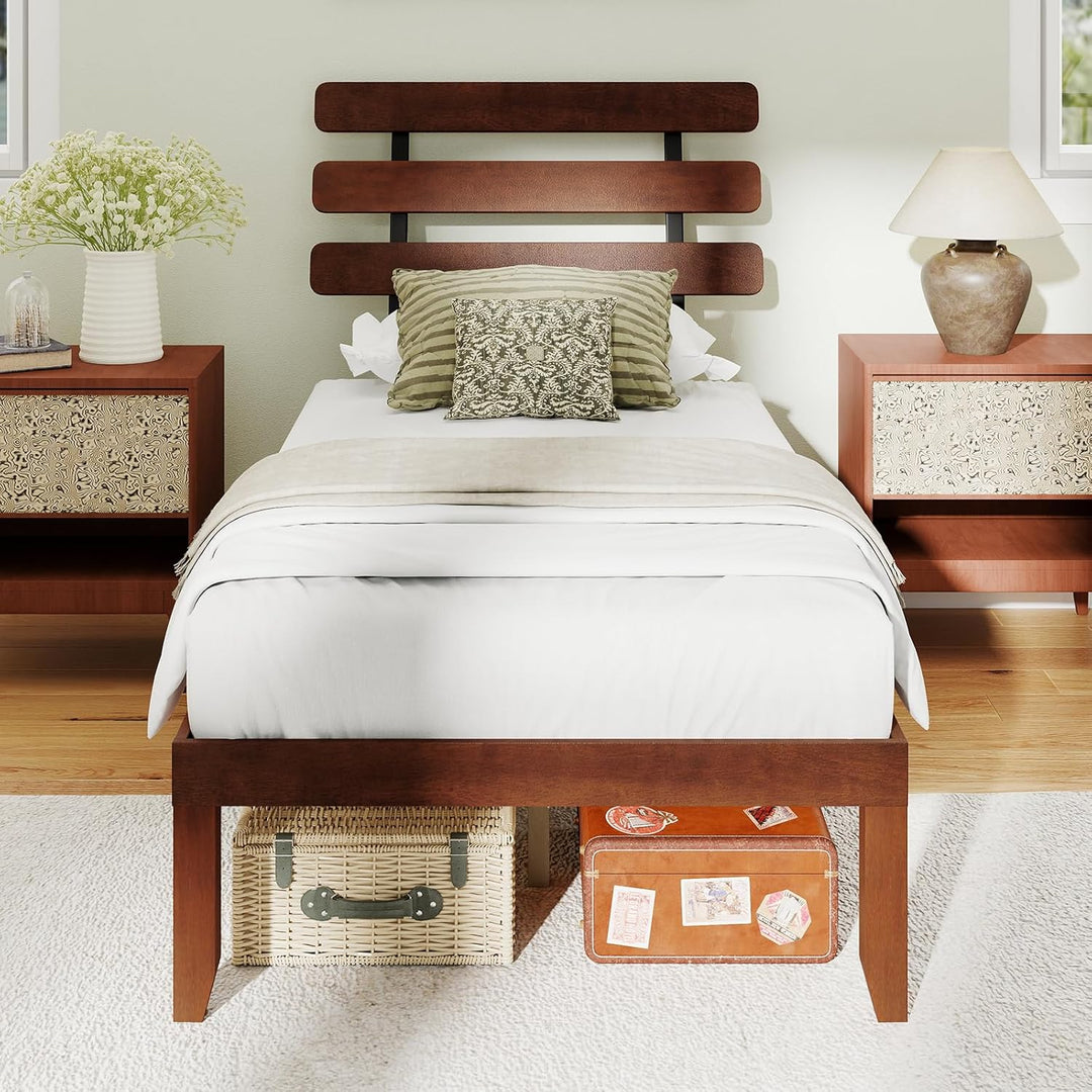 Giantex Platform Bed with Retro Headboard Mid Century Modern Bed Frame with Wood Slat Support
