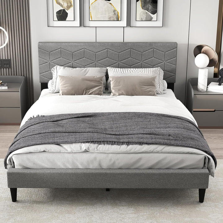 Giantex Upholstered Bed Frame Modern Platform Bed with Linen Fabric Geometric Headboard
