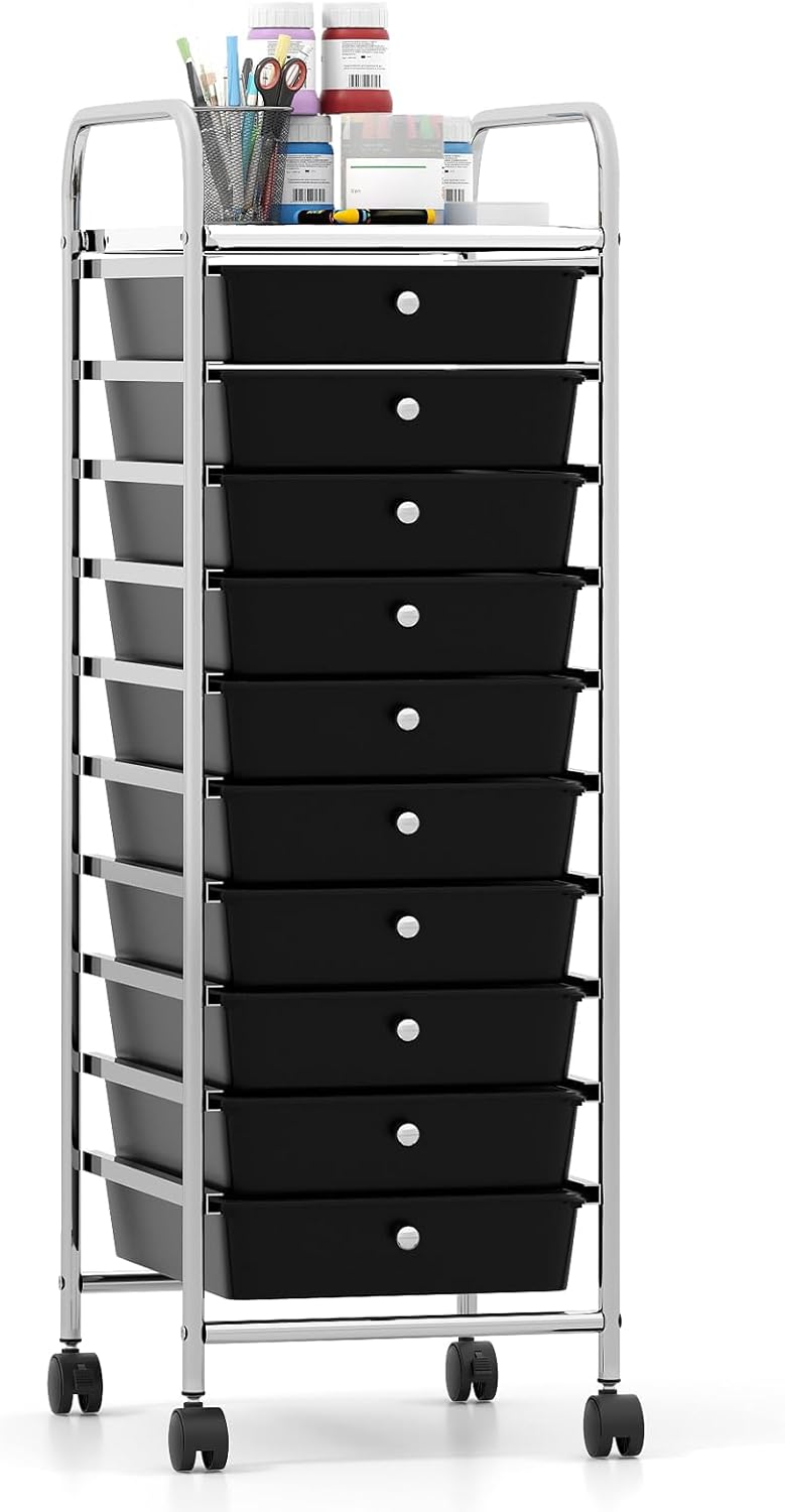 Giantex 10-Drawer Rolling Storage Cart with Metal Frame and Lockable Universal Wheels