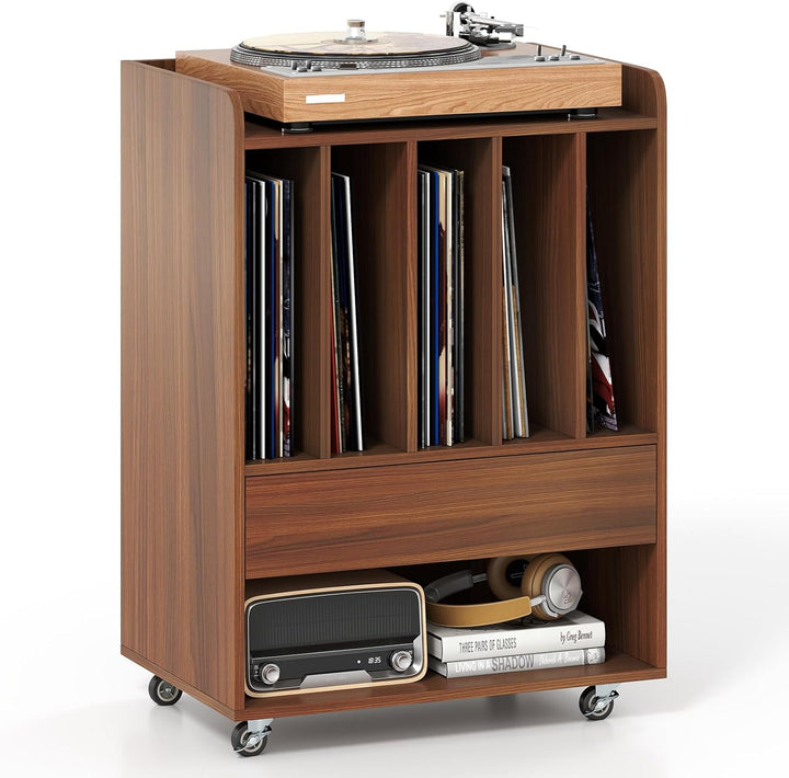 Giantex Record Player Stand Rolling Turntable Stand with Drawer & Lockable Wheels