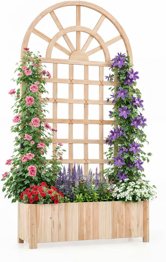 Giantex Wooden Raised Garden Bed with Trellis 71" Outdoor Planter Box Privacy Screen