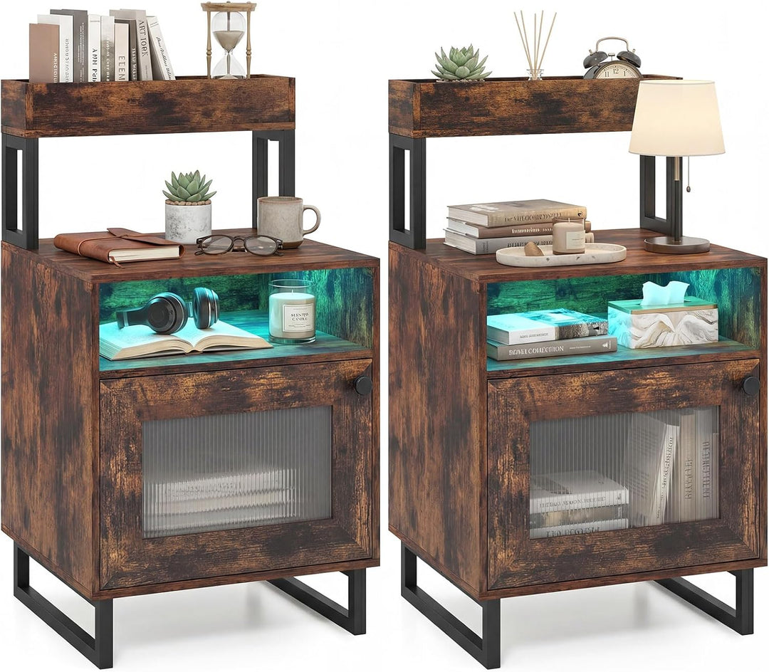 Giantex Night Stand with LED Lights | Tall Sofa Side Couch End Table w/Top Tray (1/2)
