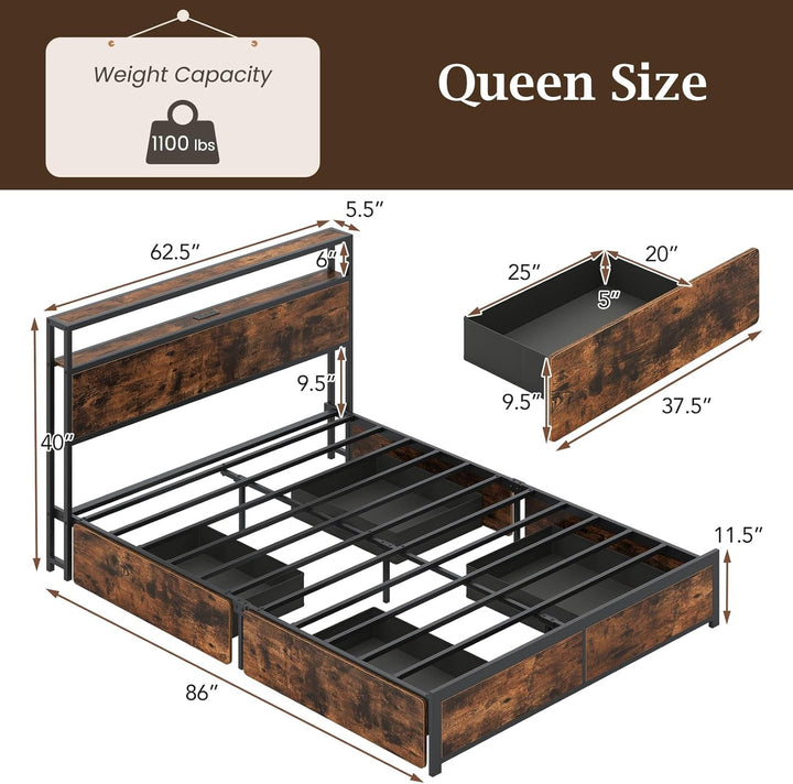 Giantex LED Bed Frame with Charging Station & 4 Storage Drawers