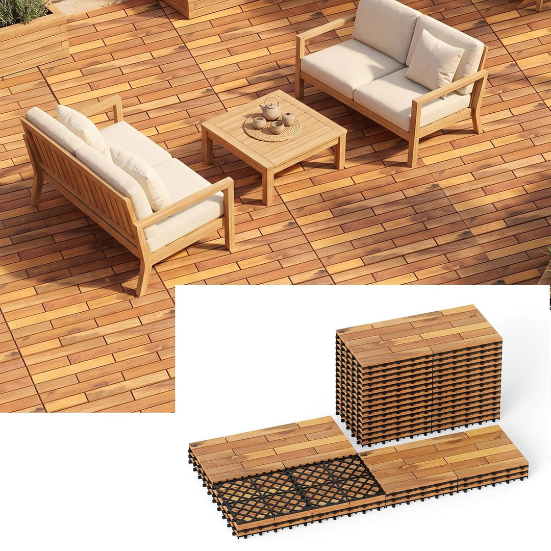 Giantex 24" x 12" Acacia Wood Deck Tiles with Drainage Base