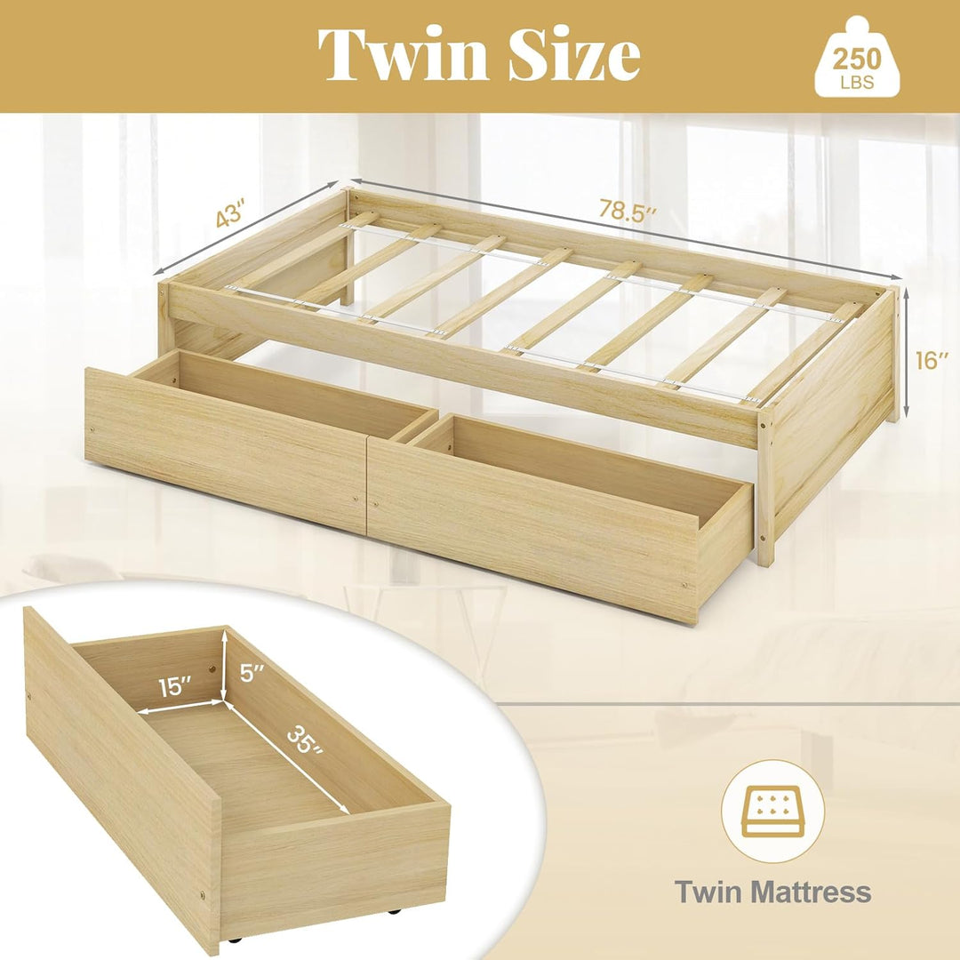 Giantex Bed Frame with 2 Storage Drawers, Solid Wood Platform Bed with Slats Support