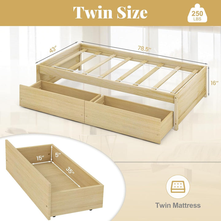 Giantex Bed Frame with 2 Storage Drawers, Solid Wood Platform Bed with Slats Support