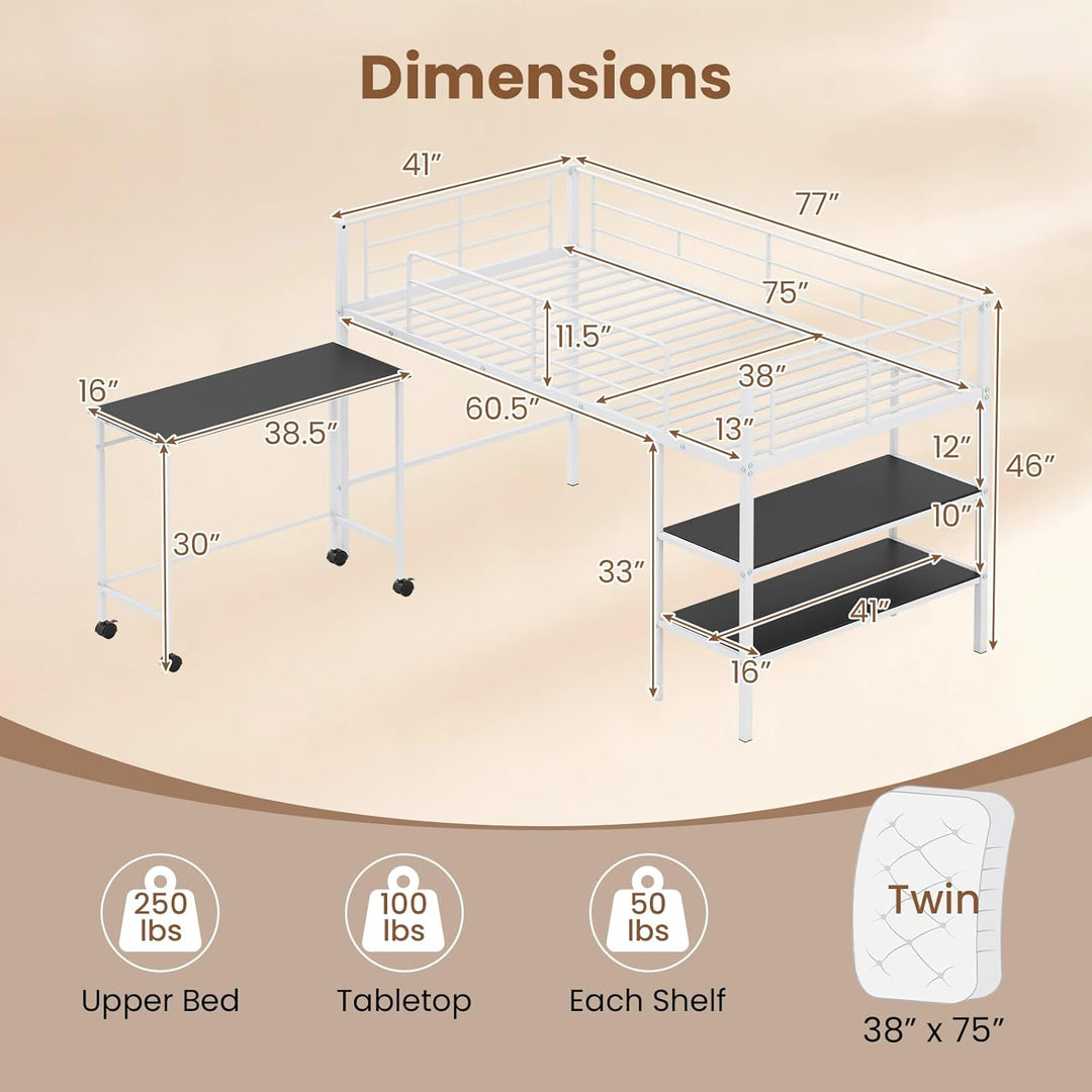 Giantex Low Loft Twin Size Bed with Desk &amp; Bookshelf