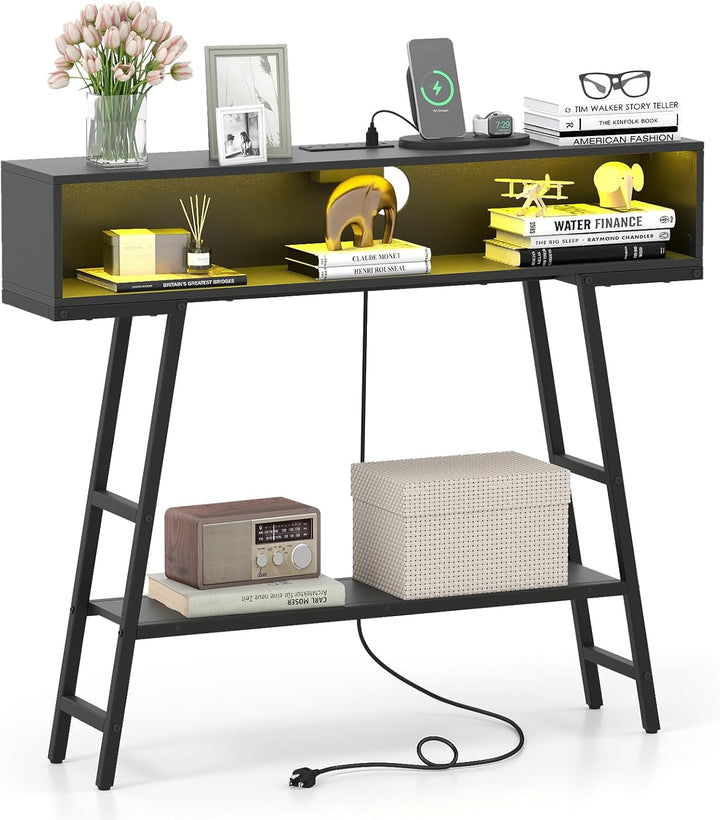 Giantex Console Table with Charging Station & LED Lights