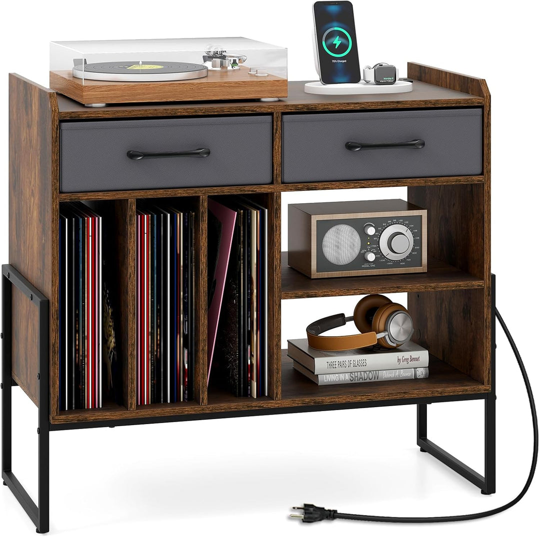 Giantex Large Record Player Stand with Charging Station Mid Century Modern Vinyl Storage Cabinet