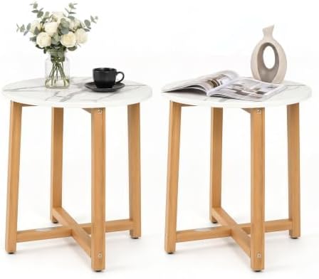 GIANTEX 16" Round Side Table Faux Marble End Table with Acacia Wood Legs
