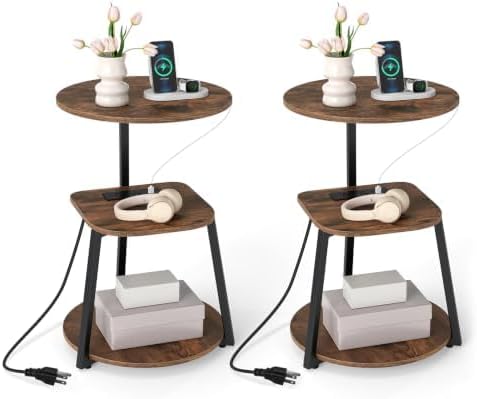 GIANTEX Round End Table with Charging Station