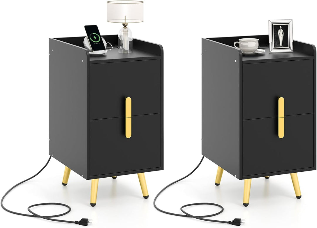 Giantex Nightstand with Charging Station, Narrow End Table with 2 Drawers & Metal Gold Legs