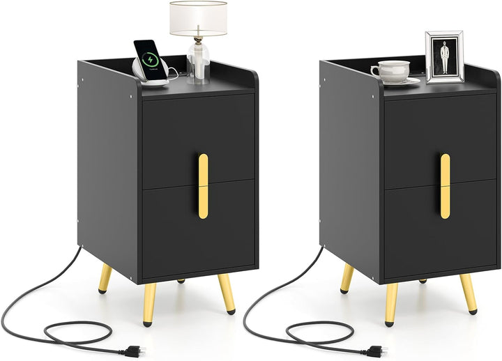 Giantex Nightstand with Charging Station, Narrow End Table with 2 Drawers & Metal Gold Legs