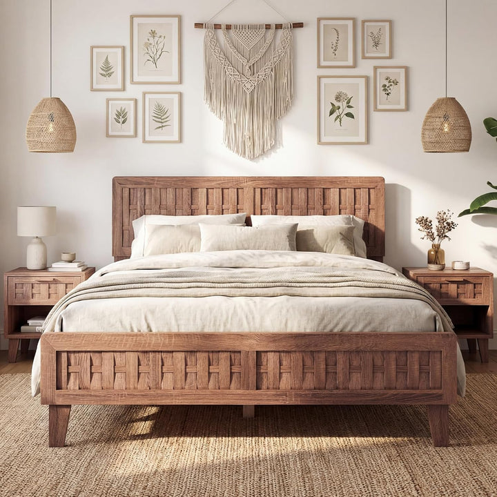 Giantex Wood Bed Frame with Woven Headboard (Full/Twin/Queen)