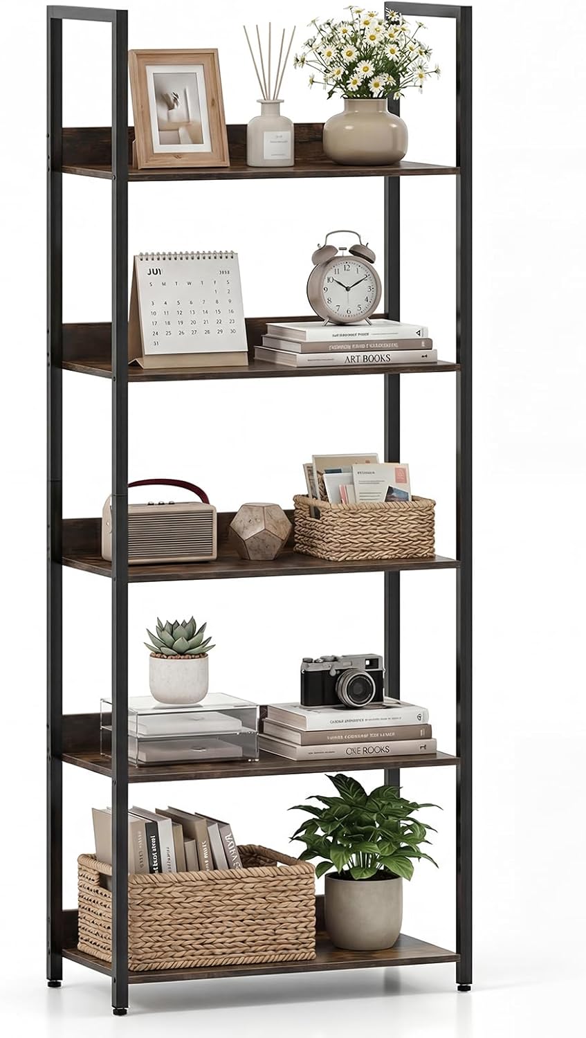 Giantex 5-Tier Tall Wooden Open Bookcase with Back Panels &amp; Metal Frame (1/2)