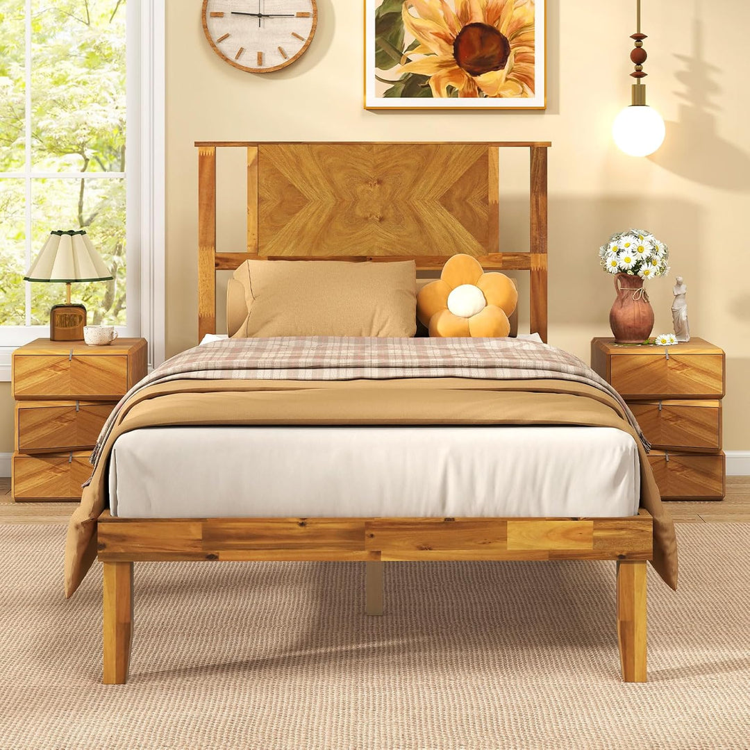 Giantex Acacia Wood Platform Bed Frame Mid-Century Modern Bed Frame with Headboard