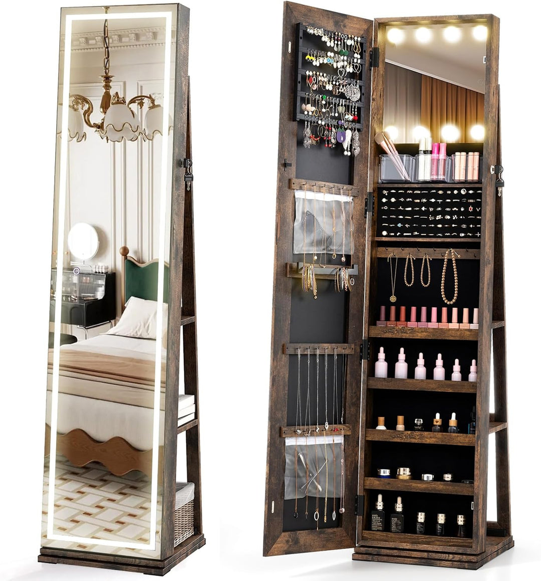 CHARMAID Swivel Jewelry Armoire with Full-Length Mirror & Lighted Makeup Mirror