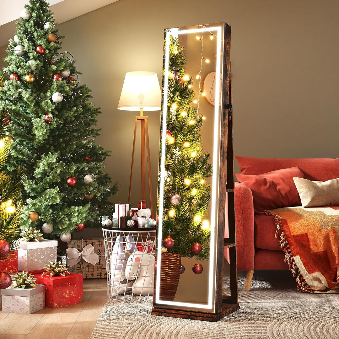 CHARMAID Swivel Jewelry Armoire with Full-Length Mirror & Lighted Makeup Mirror