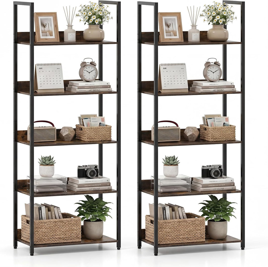 Giantex 5-Tier Tall Wooden Open Bookcase with Back Panels &amp; Metal Frame (1/2)