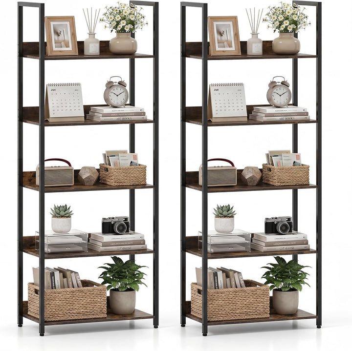 Giantex 5-Tier Tall Wooden Open Bookcase with Back Panels &amp; Metal Frame (1/2)