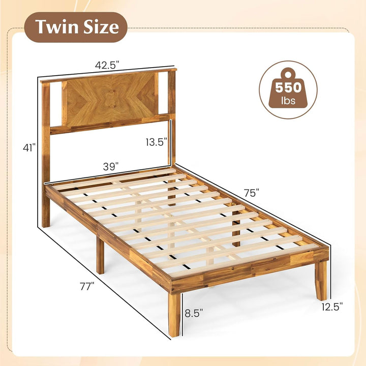 Giantex Acacia Wood Platform Bed Frame Mid-Century Modern Bed Frame with Headboard