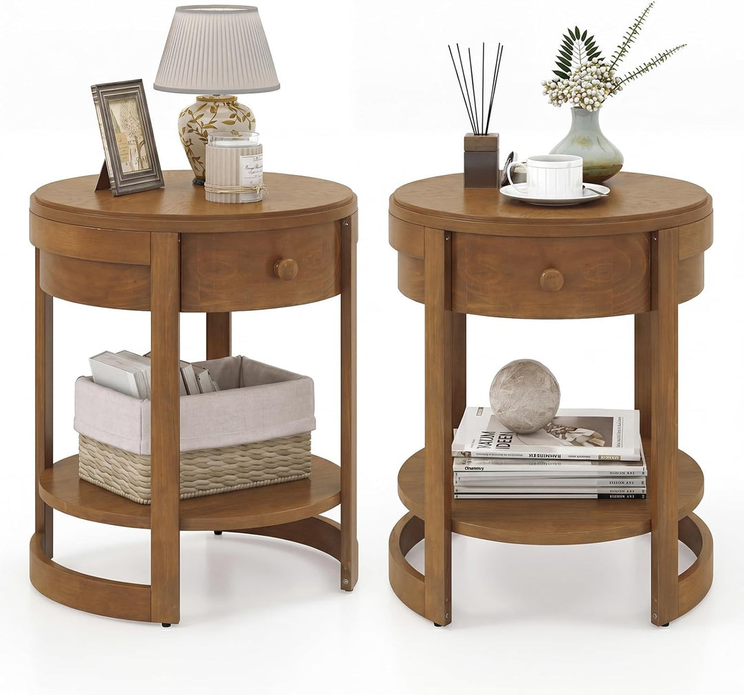 Giantex Round Side Tables Set of 1/2 | 2-Tier Retro End Tables with Drawer &amp; Shelf