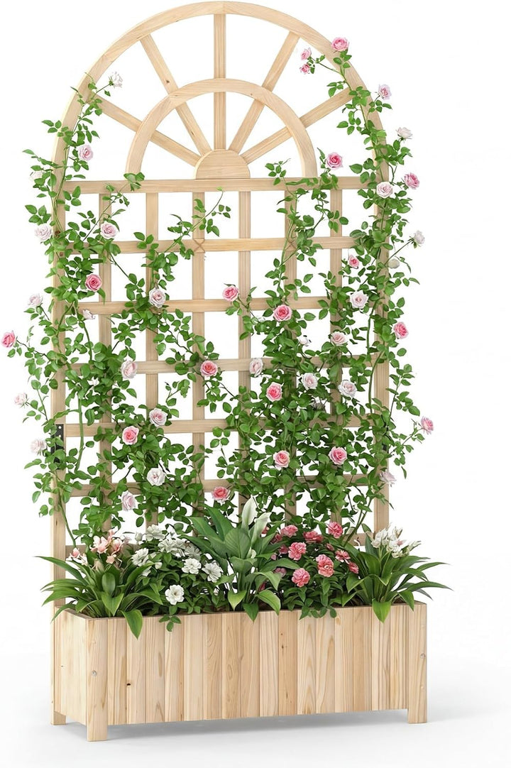 Giantex Wooden Raised Garden Bed with Trellis 71" Outdoor Planter Box Privacy Screen