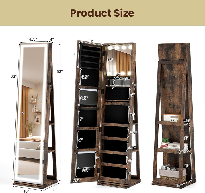 CHARMAID Swivel Jewelry Armoire with Full-Length Mirror & Lighted Makeup Mirror