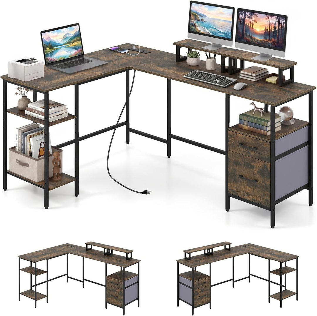 Giantex 63" Reversible L Shaped Desk with Charging Station