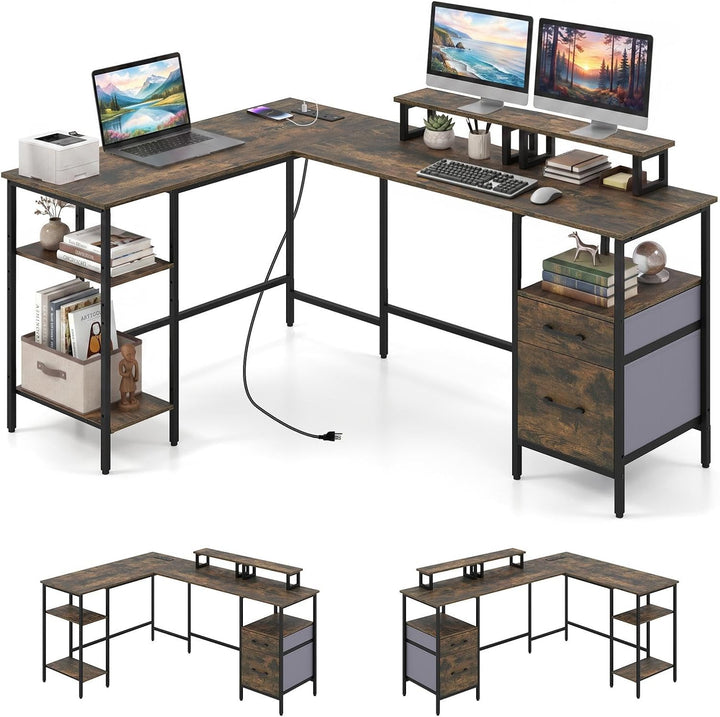 Giantex 63" Reversible L Shaped Desk with Charging Station