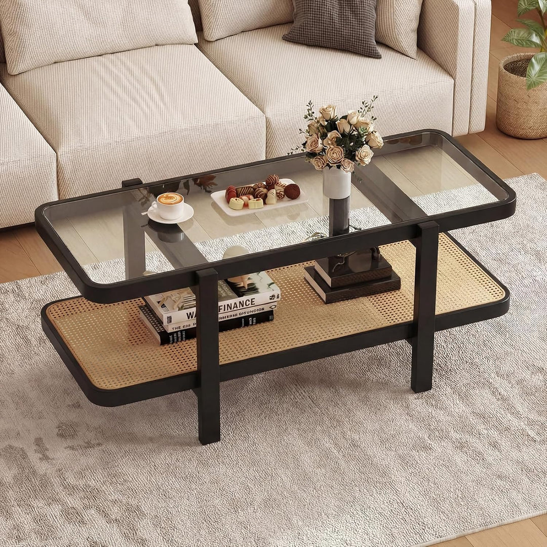 Giantex Rattan Coffee Table, 47.5" Rectangle Solid Wood Tea Table w/Tempered Glass Tabletop