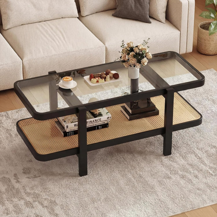 Giantex Rattan Coffee Table, 47.5" Rectangle Solid Wood Tea Table w/Tempered Glass Tabletop