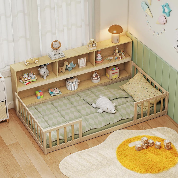 Giantex Wooden Montessori Bed Frame with Bookcase
