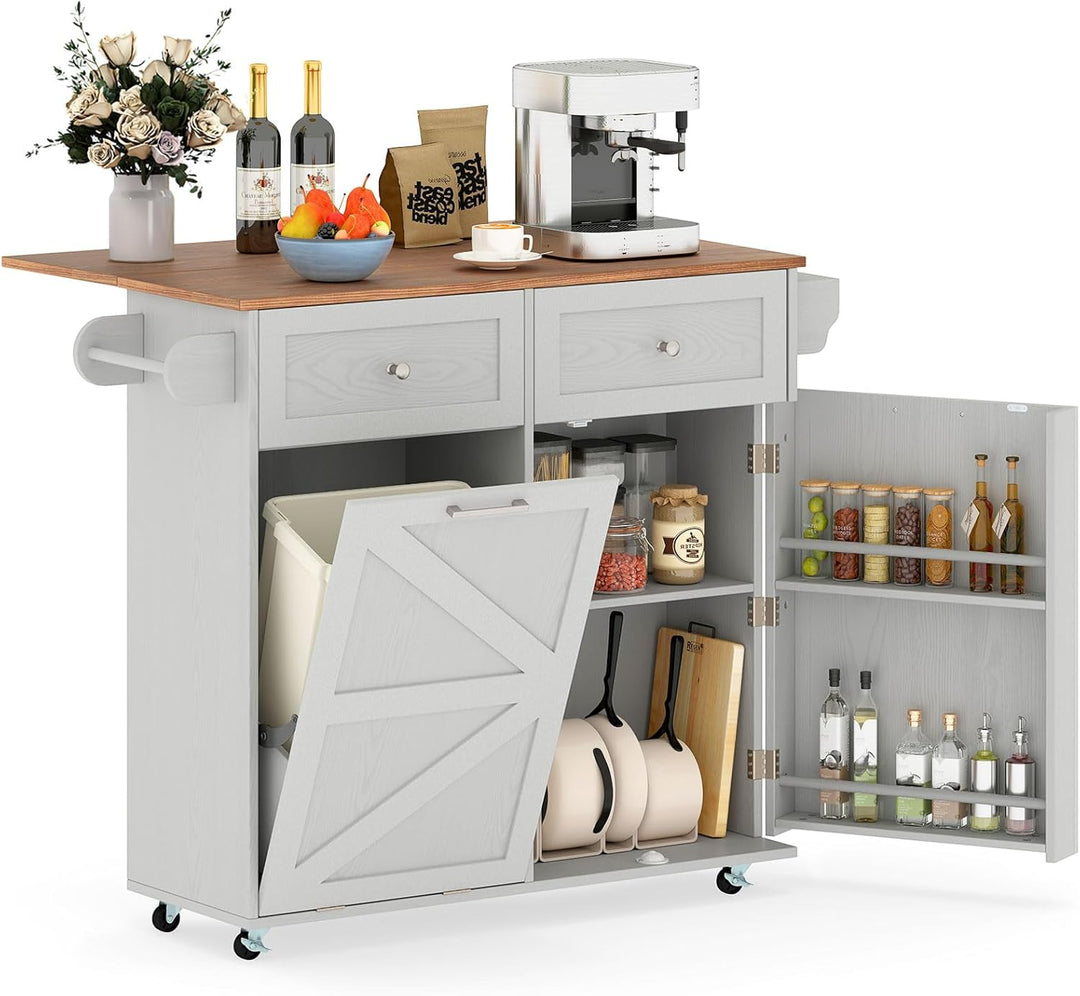 Giantex Kitchen Island Cart with Hidden Tilt Out Trash Can Cabinet, Drop Leaf, 2 Drawers, Towel Rack